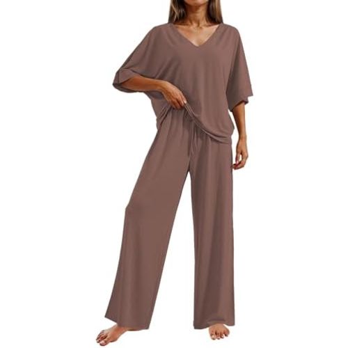 Ekouaer Pajama Sets for Women 2 Piece Lounge Set Short Sleeve Tops and Long Pants Soft Comfy Pjs Sleepwear Outfits S-XXL