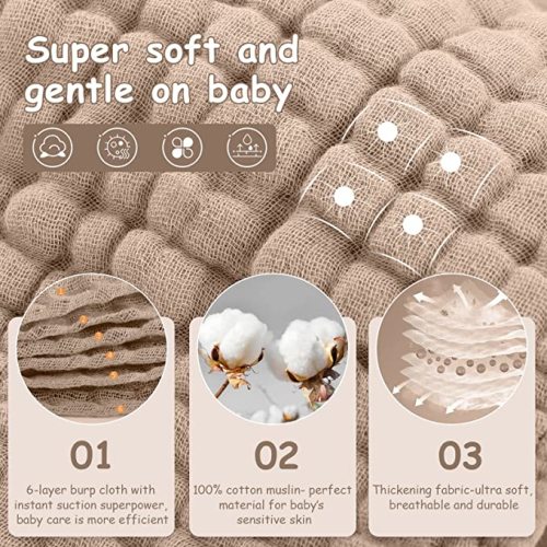 Looxii Muslin Burp Cloths 100% Cotton Muslin Cloths Large 20''x10'' Extra Soft and Absorbent 6 Pack Baby Burping Cloth for Boys and Girls (Brown)