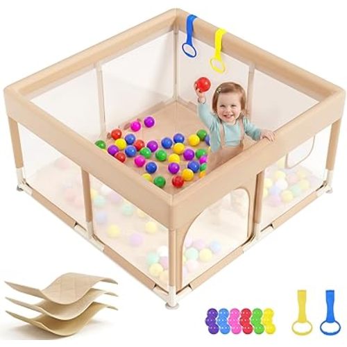 Dripex Baby Playpen, 47"x47" Play Pen for Babies, Beige
