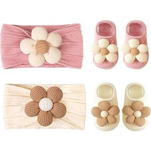 CÉLLOT Baby Girl Headband and Socks, Non-Slip Floral Socks and Soft Floral Nylon Hairbands for Babies Infants and Toddlers