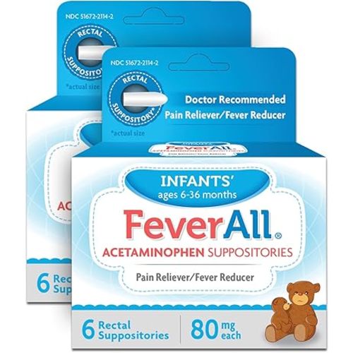 Feverall Infant Acetaminophen Suppositories 6 Rectal Suppositories 80mg Each Pain Reliever/Fever Reducer. Paraben Free, No Artificial Colors or Other preservatives. Ages 6-36 Months- 2 Pack