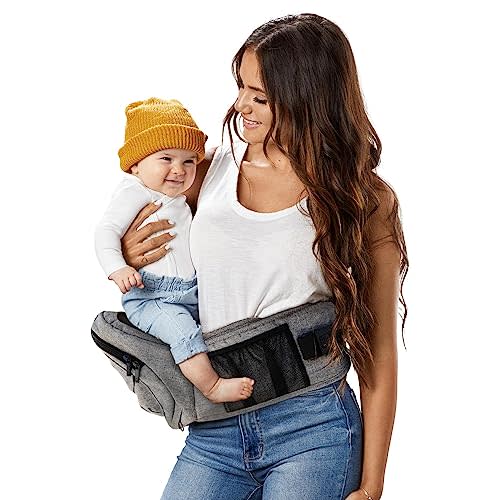 TushBaby The Only Safety Certified Hip Seat Baby Carrier - As Seen On Shark Tank-Adjustable, Machine Washable, Ergonomic Newborn + Toddler + Child Carrier, Safe Ultra-Comfortable Waist Carrier Grey