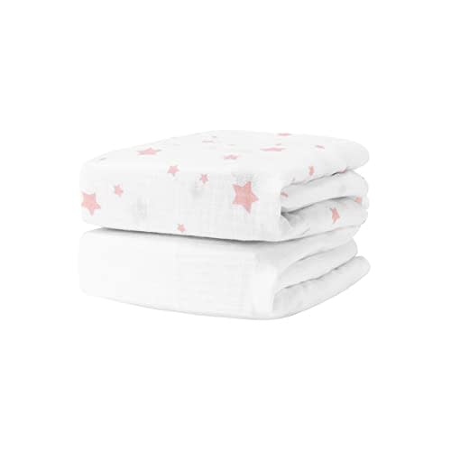 Newton Baby Organic Fitted Crib Sheets (2-Pack) - 100% Breathable and Ultra-Soft, 100% Organic Muslin Cotton, Stardust Print in Blush Coral + Solid White, Fits All Standard Cribs