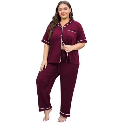 Vozanet Women's Plus Size Pajamas Button Down Shirt and Pants Soft Lounge Sets Bride Nighty Bottom with Pockets 1x to 5x