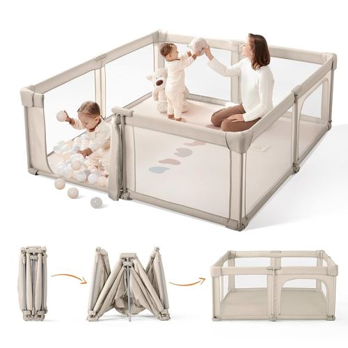 Sweeby Baby Playpen, 59x59 Inch Gate Foldable for Babies and Toddlers, Extra Large with Door Play Yard for Fence Indoor and Outdoor, Light Khaki