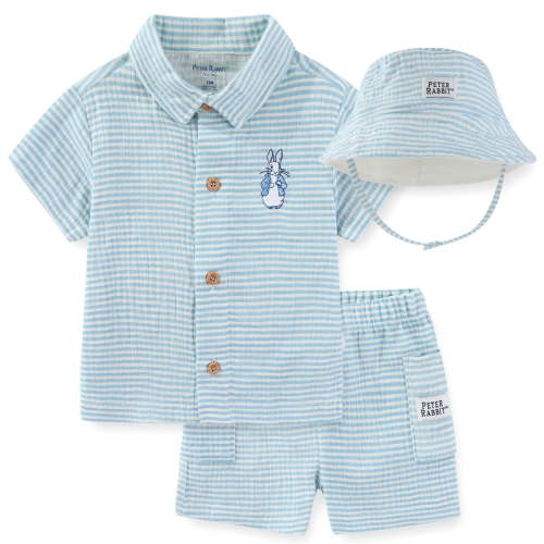 Peter Rabbit Beatrix Potter Gauze Button Down Shirt and Short with Bucket Hat (Baby Boys), 3 Piece Set, Sizes 12M-24M