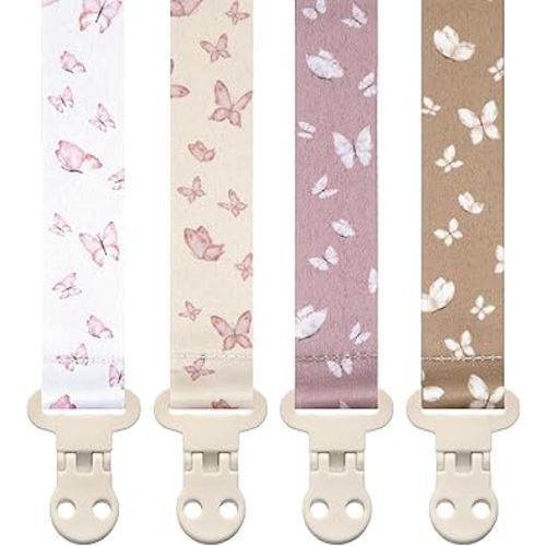 Stadela Baby Pacifier Clip Holder - Girl or Boy Unisex 4 Pack Gift Set – Blush Pink and Beige Butterflies (Anabella)