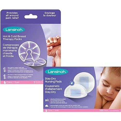 Lansinoh Stay Dry Disposable Nursing Pads (100 Count) + Breast Therapy Packs with Soft Covers (2 Pack)