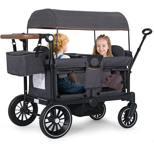 Kinder King Wagon Stroller for 2 Kids, Premium Foldable All-Terrain Outdoor Toddler Kids Stroller Wagon 2 Seaterswith Removable Canopy, Adjustable Push/Pull Bar, Snack Tray, Parent Organizer, Gray