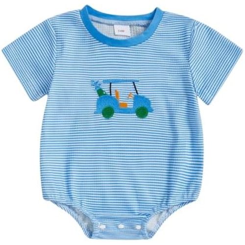Baby Boy Golf Outfit Golf Cart Embroidery Short Sleeve Bubble Romper Onesie Infant Bodysuit Cute Summer Clothes