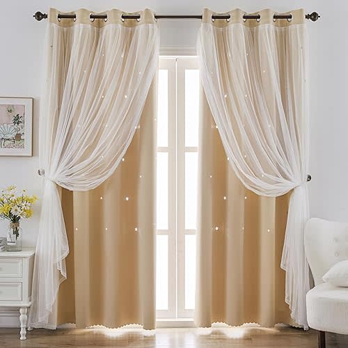 Indistar Star Hollow Out Blackout Curtains for Kids Room - Double Layer Star Cut Out Window Decor (2 Panel, 52W x 84L inch, Beige)