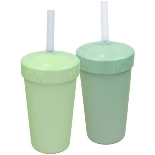 Re-Play Made in USA 2 Pack Straw Cups for Toddlers, 10 Oz. - Reusable Kids Cups with Straws and Lids, Dishwasher/Microwave Safe - Toddler Cups with Straws 3.13" x 5.5", Sage/Leaf