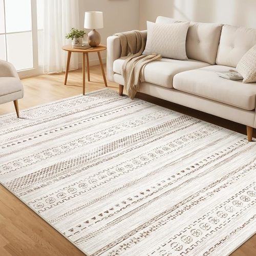 Area Rug Living Room Rugs - 5x7 Washable Boho Farmhouse Bohemian Neutral Large Moroccan Geometric Soft No Slip Indoor Rug Thin Floor Carpet for Bedroom Under Dining Table Home Office - Brown