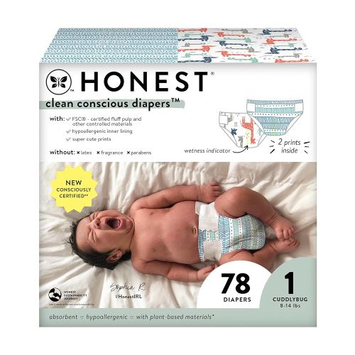 The Honest Company Clean Conscious Diapers for Sensitive Skin | Hypoallergenic, Fragrance Free | Gender Neutral Prints | Club Box, Size 1 (8-14 lbs), 78 Count (Prints May Temporarily Vary)