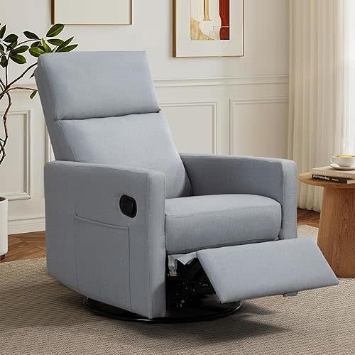 Swivel Rocker Recliner Chair, Upholstered Fabric Nursery Rocking Glider Chair with Adjustable Backrest and Footrest, Lay Flat Recliner Single Lazy Sofa for Living Room(Gray)