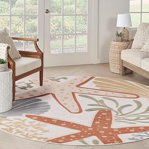 Nourison Aloha Indoor/Outdoor Ivory Multicolor 5'3" x Round Area Rug, Easy Cleaning, Non Shedding, Bed Room, Living Room, Dining Room, Backyard, Deck, Patio (5 Round)