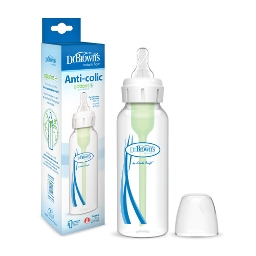 Dr. Brown's Natural Flow Anti-Colic Options+ Narrow Baby Bottle, 8oz/250mL, with Level 1 Slow Flow Nipple, 1-Pack, 0m+