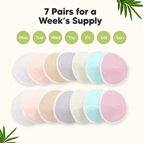 Organic Nursing Pads - 14 Washable Viscose Derived from Bamboo Breastfeeding Pads, Wash Bag, Reusable Breast Pads for Breastfeeding, Nipple Pads for Breastfeeding Essentials(Pastel Touch, L 4.8")