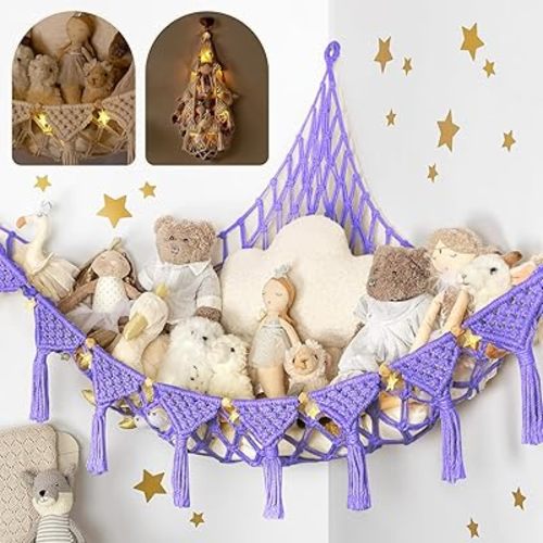 Macrame DreamLights Boho Stuffed Animal Storage Net Hammock Extra Large Plush Toy Storage Holder For Small Or Large Plushies PURPLE (Purple)