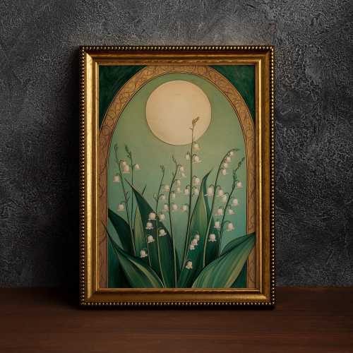 Lily of the Valley and Moon Emerald Green,Art Nouveau Floral,Elegant Botanical ,Serene Nature Artwork,Moody Flowers,Flowery Spiritual