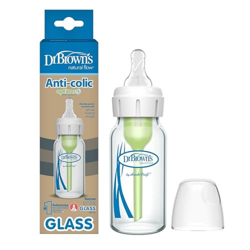 Dr. Brown's Natural Flow Anti-Colic Options+ Narrow Glass Baby Bottle, 4 oz/120 mL, with Level 1 Slow Flow Nipple, 1 Pack, 0m+