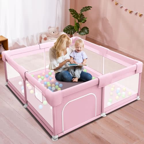 Hiaksedt Baby Playpen for Babies and Toddlers Baby Fence Baby Play Yards for Indoor & Outdoor with Breathable Mesh Anti-Fall (Pink