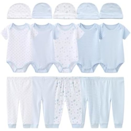 0-12 Months Unisex Baby Pants Sets New born Bodysuit and Hats 15 Pack Boy Girl Infant Comfort Outfit Clothes