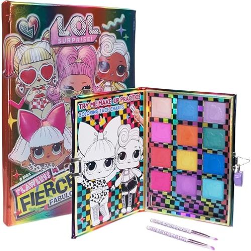 Townley Girl L.O.L Surprise 12-Well Lockable Diary Shadow Palette with Practice Face Chart, Shimmery and Opaque Colors, Pigmented, 2 Brushes Non-Toxic 6+, Perfect for Parties, Sleepovers
