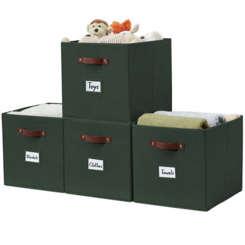 DECOMOMO Large Cube Storage Bin, Fabric Storage Bin, Organizing Cubes (Olive Green, Set of 4)