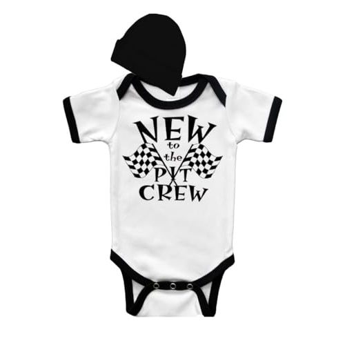 PandoraTees Newborn Racing Onepiece Ringer Short Sleeve Baby Bodysuit and Cap Gift set - New to the Pit Crew