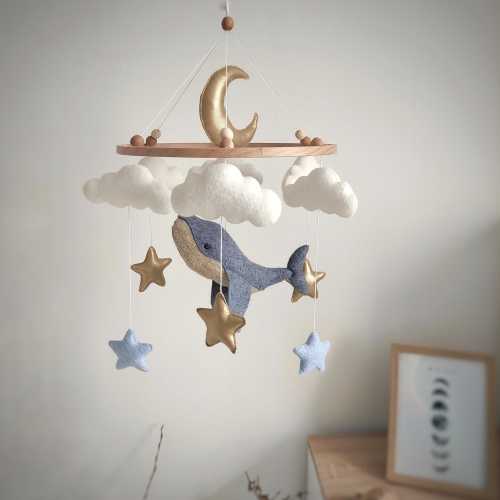 Blue whale baby mobile Whale nursery decor Moon clouds decor