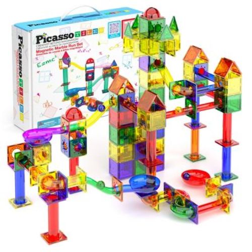 PICASSO-TILES Marble Run Magnetic Tiles for Kids, 71PCS, Construction Magnet Tiles Race Track Building Blocks STEM Toy