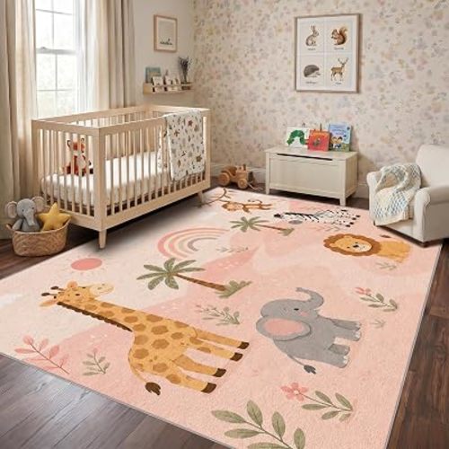 Blush Pink Safari Area Rug 3x4, Girls Nursery Decor