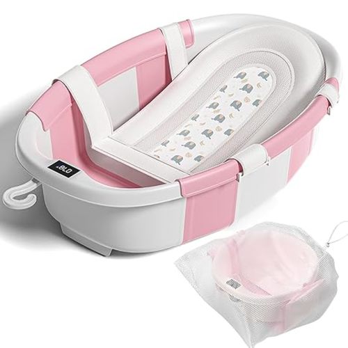 Collapsible Baby Bathtub with Soft Cushion and Thermometer, Newborn to Toddler Tub 0-36 Months with Toy Storage Mesh Bag, Portable Travel Bath for Infants (Grey)