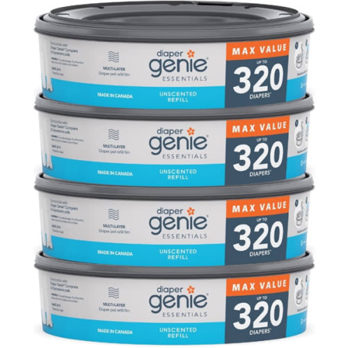 Diaper Genie Essentials Round Refill Pack of 4 | Holds Up to 1280 Newborn Diapers | Features Unscented Continuous Film | Compatible with Diaper Genie Complete and Expressions Pails