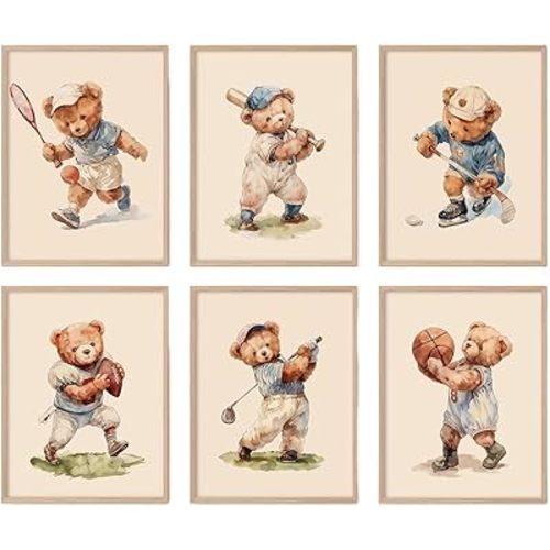Kids Nursery Bear Posters Wall Art Set of 6 Boy Sports Canvas Wall Decor Baby Nursery Prints Vintage Teddy Bear Poster Boy Room Wall Art Kids Animal Pictures Painting for Playroom Bedroom Room Home Decor 8x10 Unframed