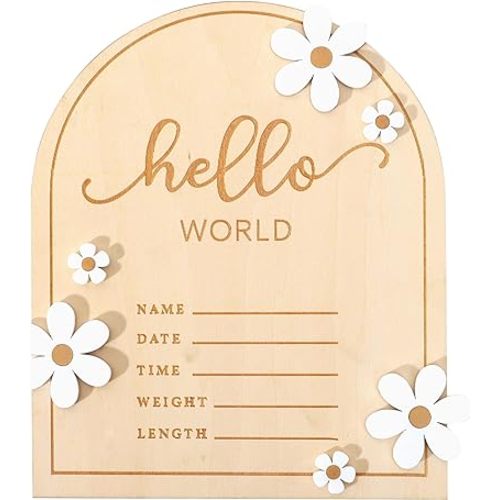 Wooden Hello World for Baby Showers - Newborn Birth Announcement Board,Daisy Wooden Baby Milestone Card,Welcome Baby Shower Gifts,Hello World Hospital Nursery Information Record Board (Hello World)
