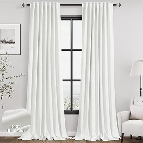 Ivory Linen Blackout Curtains 120 Inch Length 2 Panels Set Extra Long 10 Ft Back Tab Pocket Drapes Thermal Insulated Total Blocking Curtains for Dining Room Cottage High Window Curtain 52x120