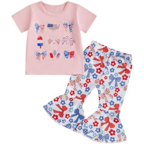 Toddler Baby Girl 4th of July Outfit Short Sleeve T-Shirt Floral/Bow Bell Bottom Pants Set Cute Summer Clothes
