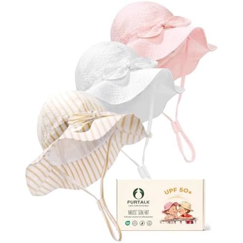 FURTALK 3 Pack Baby Sun Hat Toddler Beach Hat Girls UPF 50+ Wide Brim Infant Kids Summer Adjustable Sun Protection