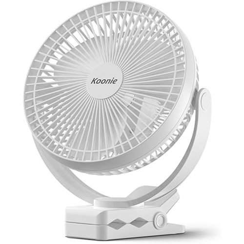 Koonie Portable Clip on Fan, 8-Inch 10000mAh USB Rechargeable Battery Operated, 4 Speeds, Strong Airflow, Sturdy Clamp for Office Desk Golf Car Outdoor Travel Camping Tent Gym Treadmill