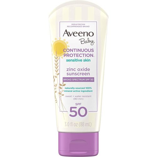Aveeno Baby Continuous Protection Zinc Oxide Mineral Sunscreen Lotion for Sensitive Skin with Broad Spectrum SPF 50, Tear-Free, Sweat- & Water-Resistant, Travel-Size, 3 fl. Oz