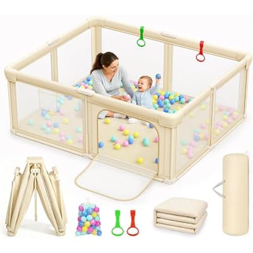 59"X71" Foldable Baby Playpen with Mat Play Pen for Baby and Toddler Beige