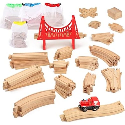 Wooden Train Tracks 60 Pcs Set - Compatible with All Major Brands