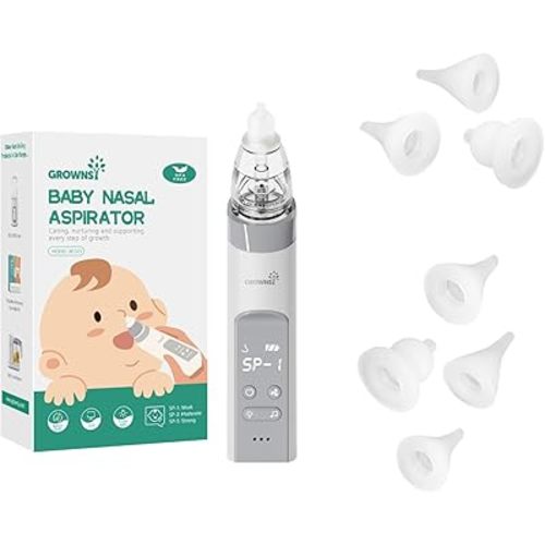 Baby Nasal Aspirator Grey with 7 Food-Grade Silicone Replacement Nozzles, Nose Sucker for Baby, Automatic Nose Sucker for Infants, Rechargeable, with Music & Light Soothing Function