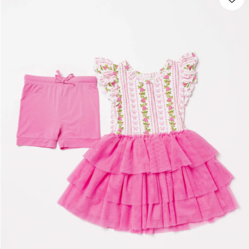 Bowquet of Roses Cap Sleeve Tulle Dress & Shorts Set