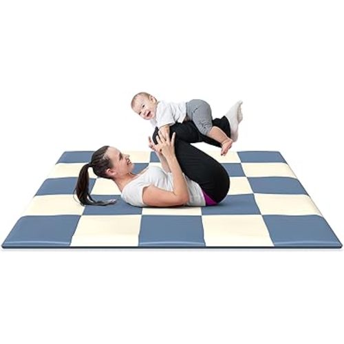 58" Inch Baby Play Mat Foldable Padded Yard For Babies And Toddlers Tummy Time Activity Memory Foam Soft Cushioned Nap (58 x 58, Blue/Cream)