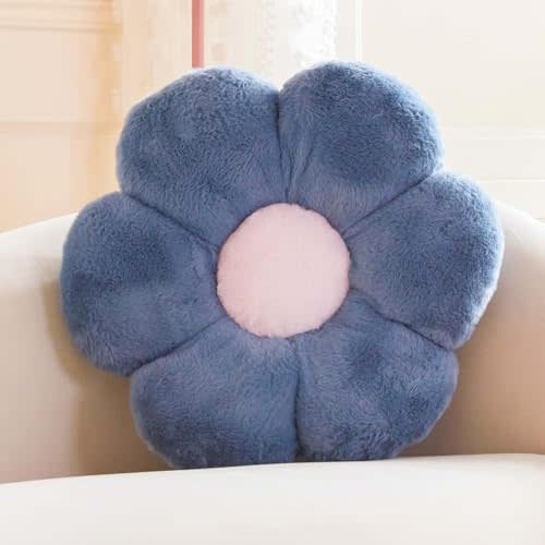 Kcvvcr Dusty Blue Flower Pillow, Cute Decorative Flower Shaped Throw Pillow with Faux Rabbit Fur, 14.9" Soft Flower Plush Throw Pillow Floor Pillows Room Décor for Bedroom Living Room
