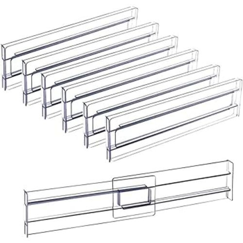 Acrylic Clear Drawer Dividers, Expandable 11-19'' Dresser Organizers Transparent Kitchen Drawer Organizer, Clear Plastic Drawers Separators for Clothing, Kitchen Utensils and Office Storage 6 Pack