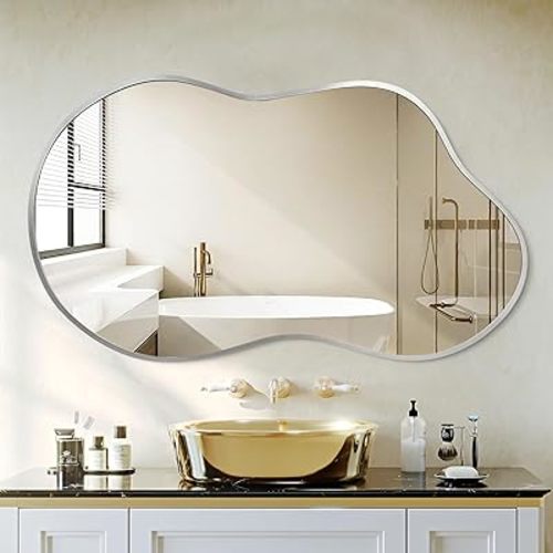 Irregular Wall Mirror - Wall Mirrors Decorative 24"x36" Silver Asymmetrical Mirror Tempered Glass Aviation Aluminum Alloy Frame for Bathroom, Bedroom, Living Room, Cloakroom, Entryway